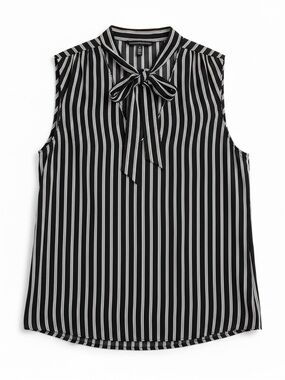 WHBM Striped Tie Neck Blouse Size 12 Black Sleeveless Bow Top Lined Silver Trim